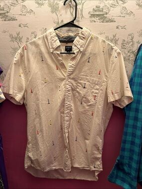J. Crew White Short-Sleeve Button-Down Shirt with Multicolor Beacon Print